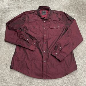 Guess Shiny Button Down Shirt Mens Large Wine Red Long Sleeve Pocket Casual Top